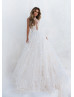 Luxury Beaded Halter Neck Ivory Lace Tulle Backless Wedding Dress